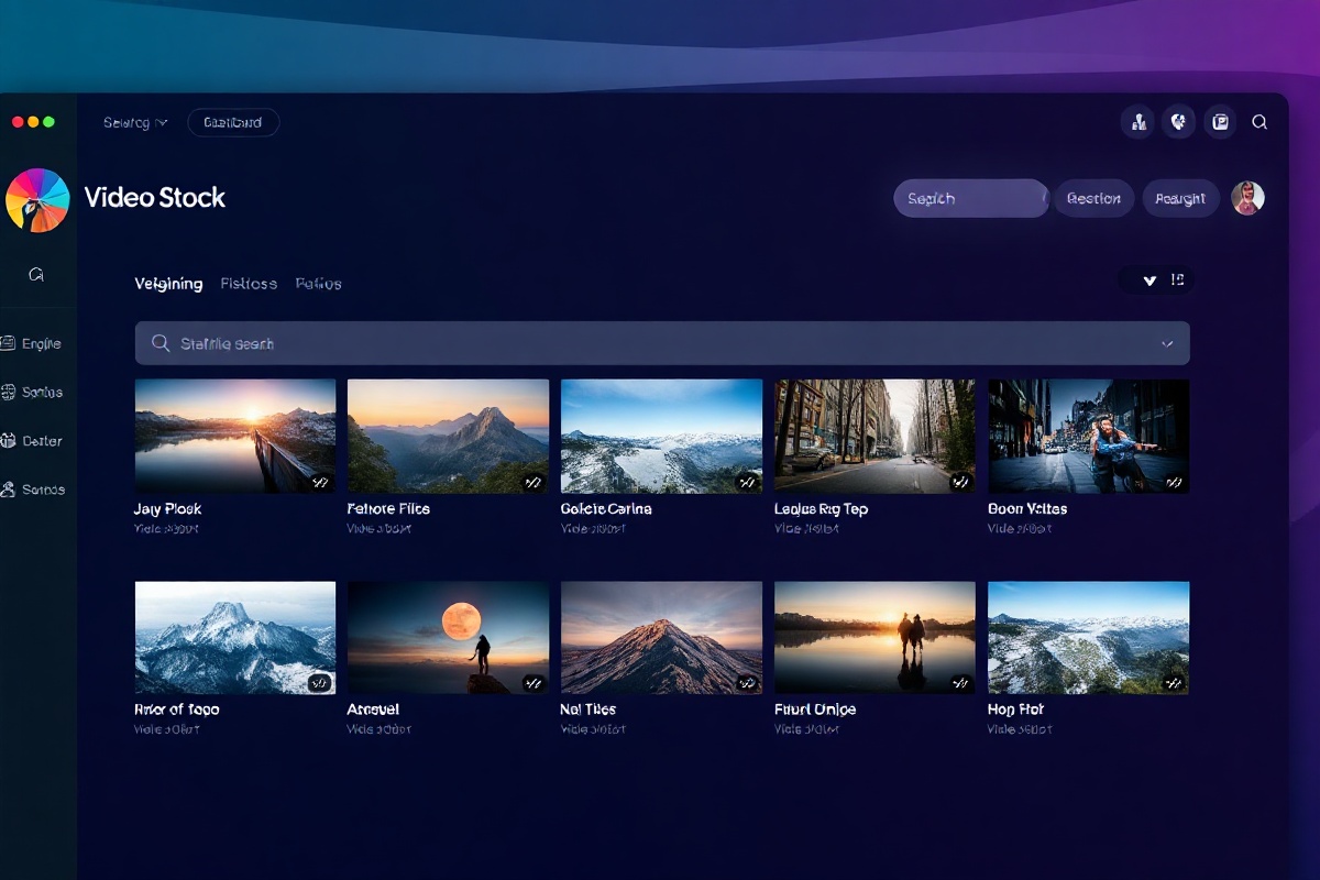 StockFlow dashboard showing the media library with search bar, filter sidebar, and preview grid of stock clips